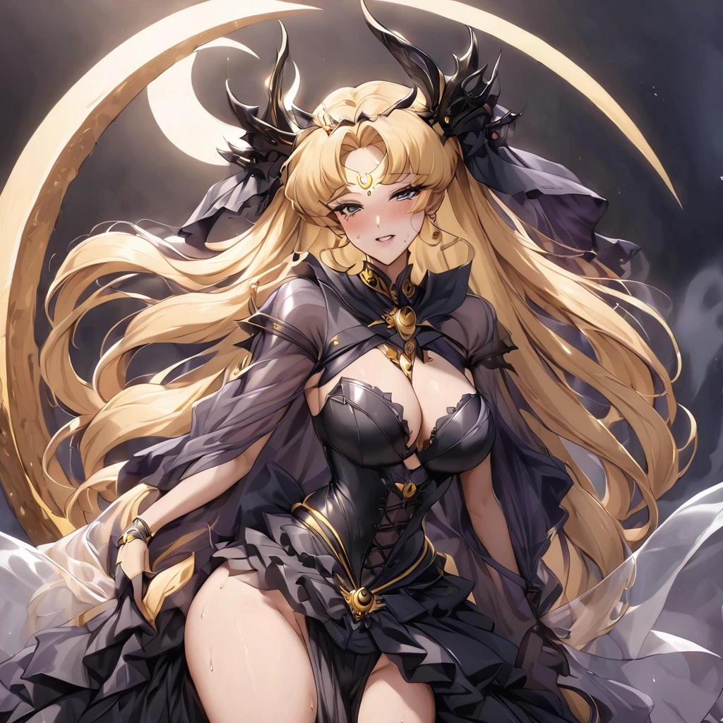 ((Highest quality)), ((masterpiece)), (detailed), (Perfect Face)、The woman is a dark queen with a black inverted crescent moon mark on her forehead, wearing a gorgeous, glittering black Gothic Victorian dress, a black veil, and a black see-through cape, as well as luxurious jeweled accessories.、The man is Demand, the dignified, evil, and powerful silver-haired demon king.、The Demon King of the Black Moon and the Dark Queen of the Black Moon having sex and making love、The woman is Black Serenity, the noble dark queen of the Black Moon clan and has blonde hair.2The woman with long hair tied up is Princess Serenity、A woman is embracing and having sex with a strong and evil demon king man.、The man is a strong and evil demon king who is embracing the woman and having sex with her.