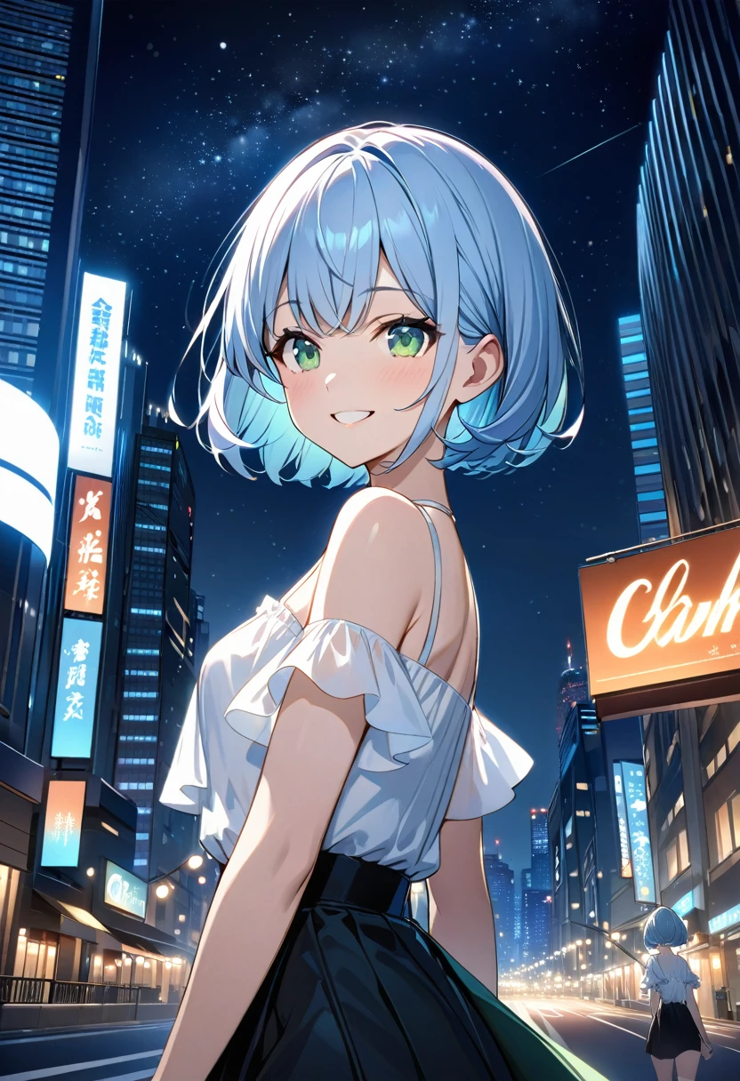 Light blue hair、Short Bob、Deep green eyes、Small breasts、white summer blouse、Black tight skirt、Black pumps、smile、Walking、Night City、Night view、best quality 、head shot、Skyscrapers、Starry Sky