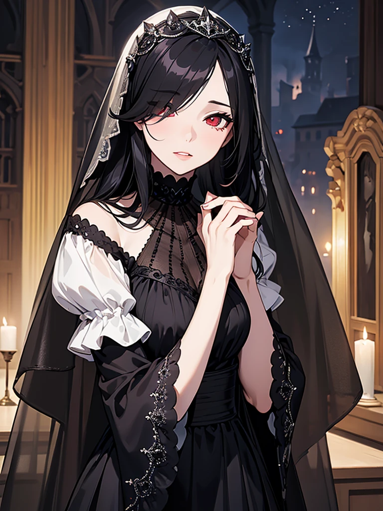 (Super detailed:1.3), ((((best quality)))), ((masterpiece)), female focus, solo,hotify, stunning beauty, powerful glow, detailed face, detailed eyes, detailed lips,castle interior background,(nighttime),moonlight,((black hair)),long hair, black mourning dress,((mourning veil)),red eyes, (pale skin:1.2),melancholic expression,straight bangs,bangs covering forehead,almond-shaped eyes,very cute face,close-up, (hair over one eye),sheer sleeves,2 arms