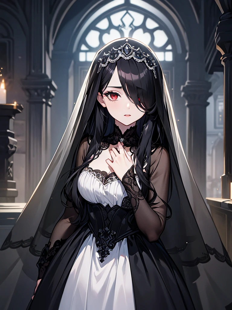 (Super detailed:1.3), ((((best quality)))), ((masterpiece)), female focus, solo,hotify, stunning beauty, powerful glow, detailed face, detailed eyes, detailed lips,castle interior background,(nighttime),moonlight,((black hair)),long hair, black mourning dress,((mourning veil)),red eyes, (pale skin:1.2),melancholic expression,straight bangs,bangs covering forehead,almond-shaped eyes,very cute face,close-up, (hair over one eye),sheer sleeves,2 arms