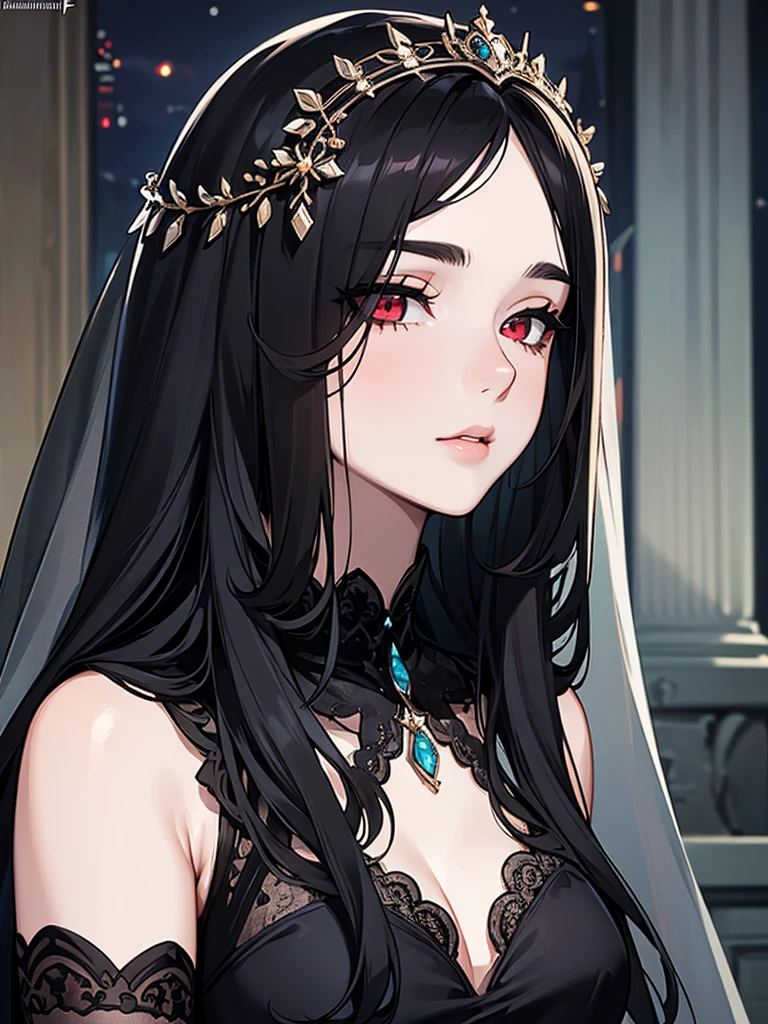 (Super detailed:1.3), ((((best quality)))), ((masterpiece)), female focus, solo,hotify, stunning beauty, powerful glow, detailed face, detailed eyes, detailed lips,castle interior background,(nighttime),moonlight,((black hair)),long hair, black mourning dress,((mourning veil)),red eyes, (pale skin:1.2),melancholic expression,straight bangs,bangs covering forehead,almond-shaped eyes,very cute face,close-up, (hair over one eye),sheer sleeves,2 arms