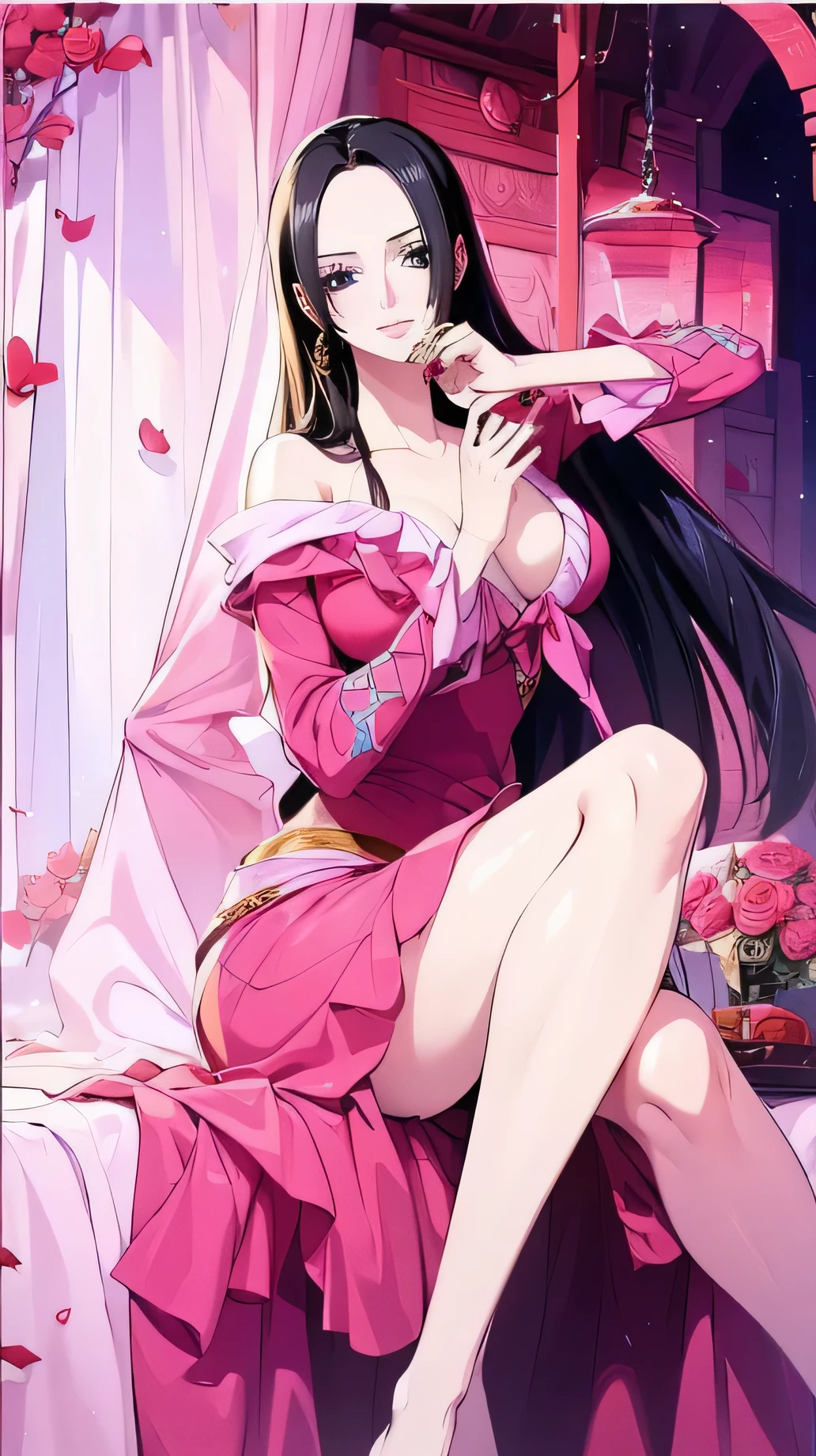 Highest quality, masterpiece, Very detailed,One girl, ((Rose)), (vine), cage, bandage, Red rope, (Detail Light), falling Rose petals, Boa Hancock,, (masterpiece:1.5), Detailed Photos, smile,(8K, Realistic, Highest quality: 1.4), (One girl), Beautiful Face, (Anime realistic face), (Black Hair, Long Hair: 1.3), Beautiful hairstyle, Realistic eyes, Beautiful details in the eyes, (Realistic Skin), Beautiful Skin, (sweater), Absurd, Charm, 超High resolution, Ultra-realistic, High resolution, Golden Ratio,Upper body painting、Many hearts in space