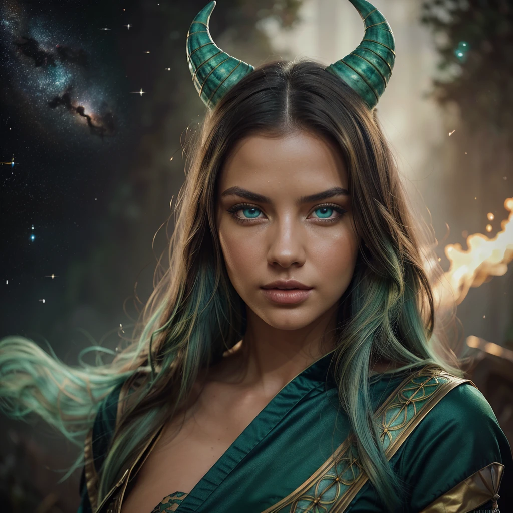 adriana lima, thick brown hair, hot , Ukrainian girl, wavy brown hair, Dasha Taran, pretty beautiful brunette, (solo one girl : 2.0), ((perfect anatomy)), ((Masterpiece:1.2, The best quality)),a photograph Galaxies, spirals, outer space, nebulas, stele, smoke billowing,spectacular image, intricate-detail,Hand-drawn sketch illustration of a beautiful tiefling with green and white hair, tatoo,(((blue colored eyes))), symmetrical bull horns,gold details on clothes, illustration, watercolor sketch,, octane rendering, 8k hyper realistic, realistic texture, Unreal Natural Lighting Engine, cinestill 800, (lente de 35mm | | | | |)