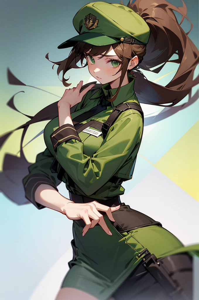 Brown hair woman, high ranking official clothes, wearing a cap, long hair, ponytail style, tight skirt, green eyes
