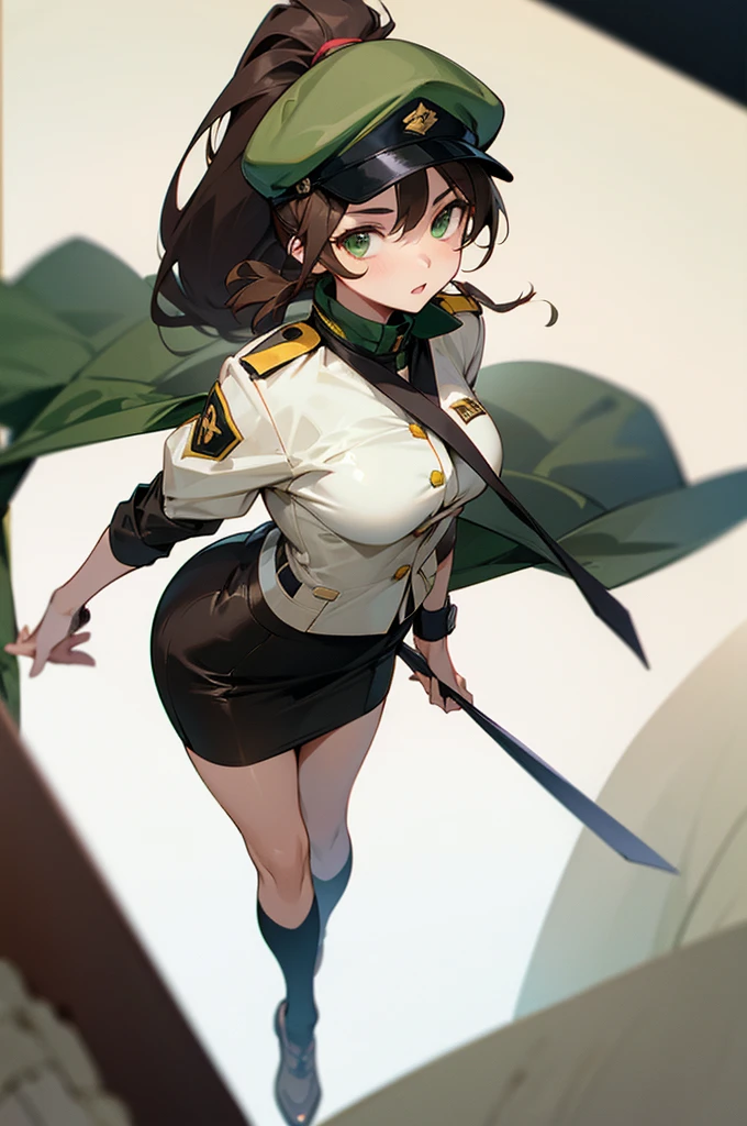 Brown hair woman, high ranking official clothes, wearing a cap, long hair, ponytail style, tight skirt, green eyes
