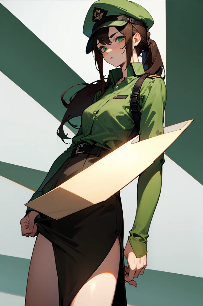 Brown hair woman, high ranking official clothes, wearing a cap, long hair, ponytail style, tight skirt, green eyes
