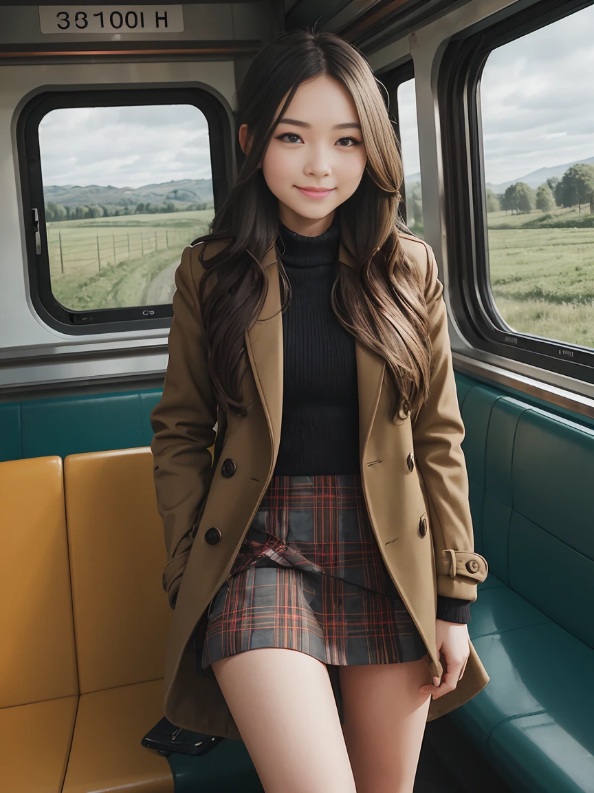 , Rural landscape, 1 girl, , long hair,,coat,Plaid short skirt,Use a smartphone, smile, train interior door, Train windows,people on train