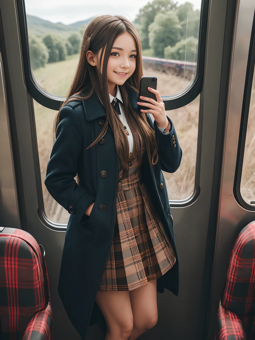 , Rural landscape, 1 girl, , long hair,,coat,Plaid short skirt,Use a smartphone, smile, train interior door, Train windows,people on train