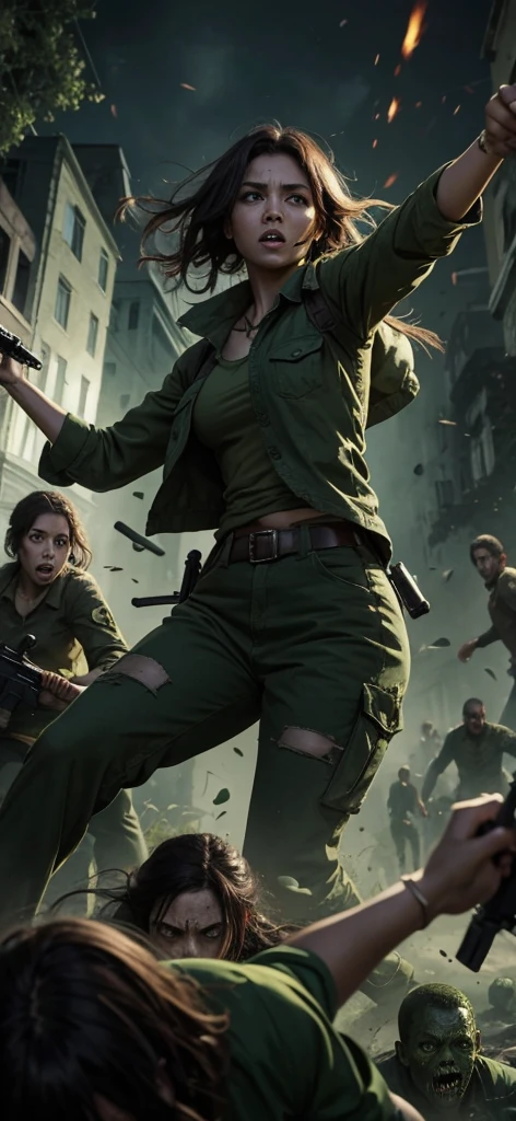 A woman in green clothes is fighting surrounded by zombies