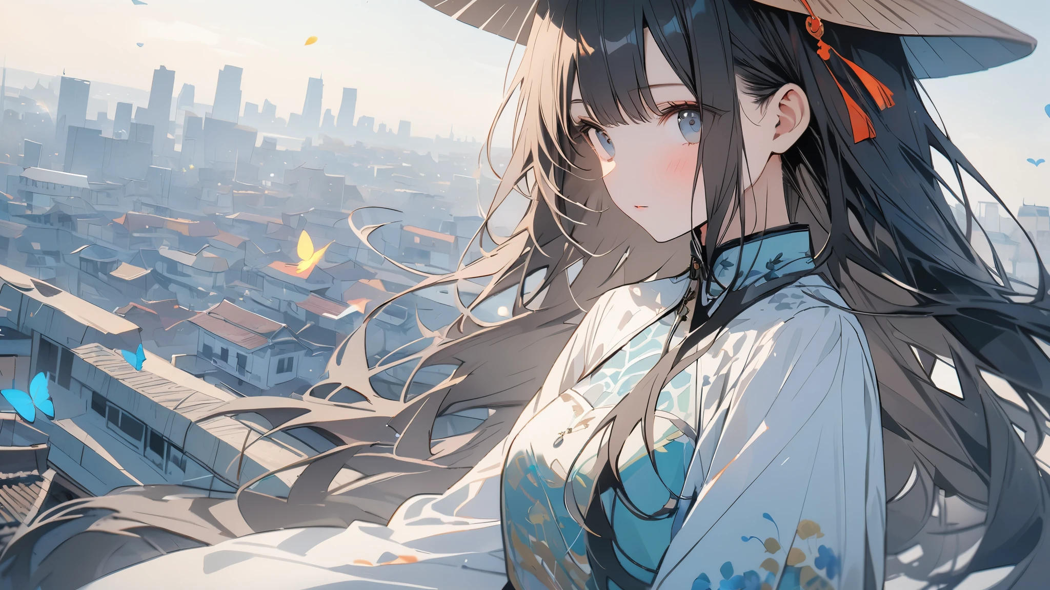 超High resolution, Attention to detail, high quality, High resolution, 最high quality, 4K, 8K, Awards、(ao dai)、(conical hat)、Pale sky blue color、cute,Black Hair、Long Hair、Butterflies flying around、Vietnam cityscape background、wallpaper