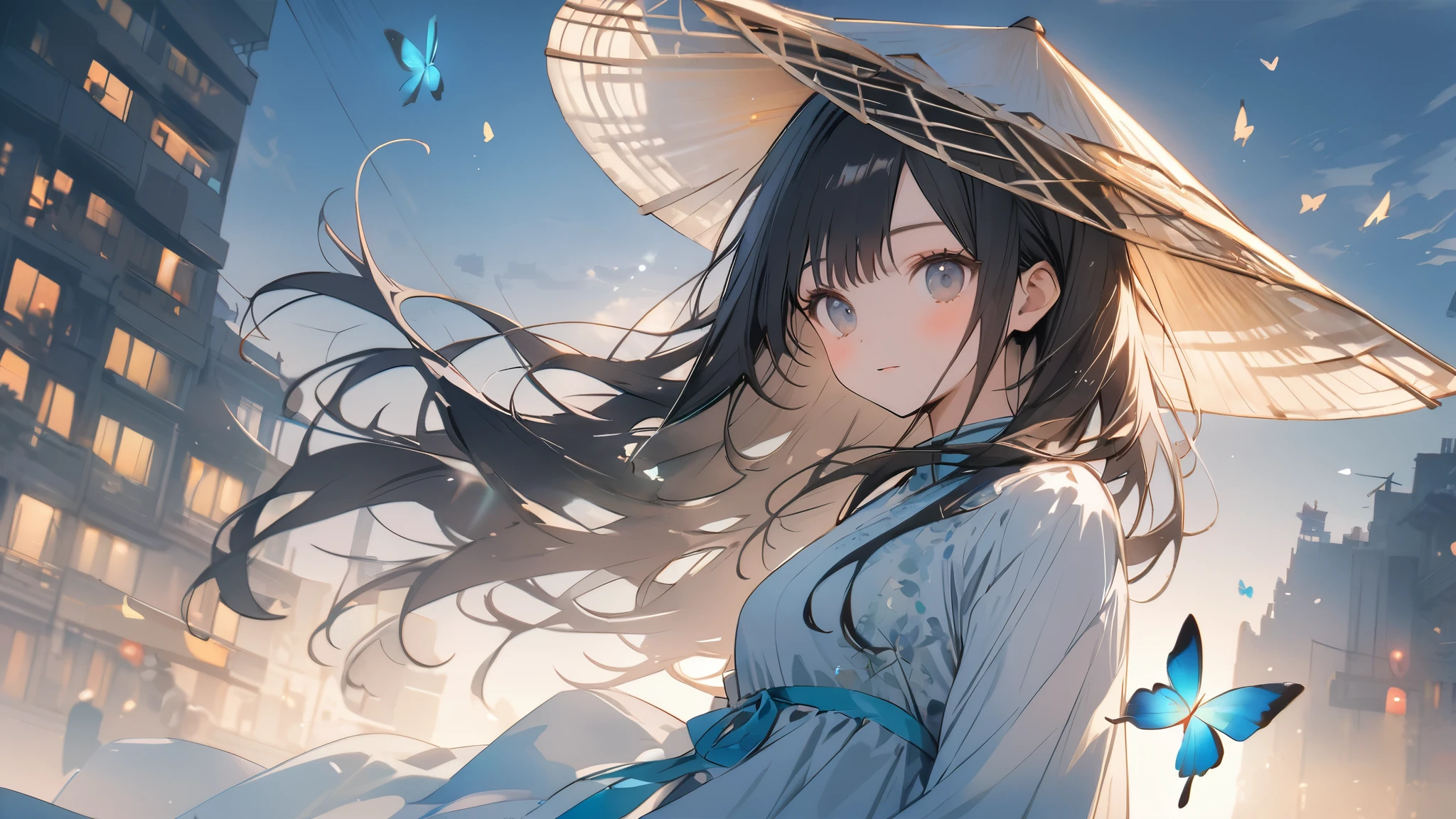 超High resolution, Attention to detail, high quality, High resolution, 最high quality, 4K, 8K, Awards、(ao dai)、(conical hat)、Pale sky blue color、cute,Black Hair、Long Hair、Butterflies flying around、Vietnam cityscape background、wallpaper