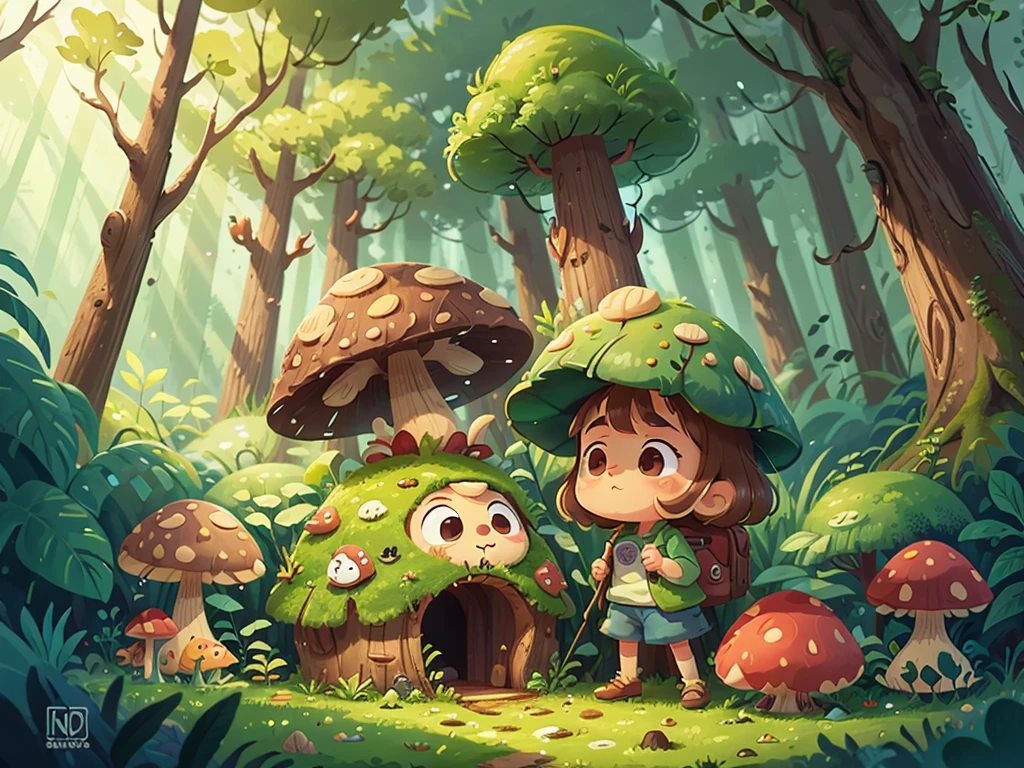 cartoon illustration,facial details,cute,indoor，Mushroom，forest，bushes，woods，