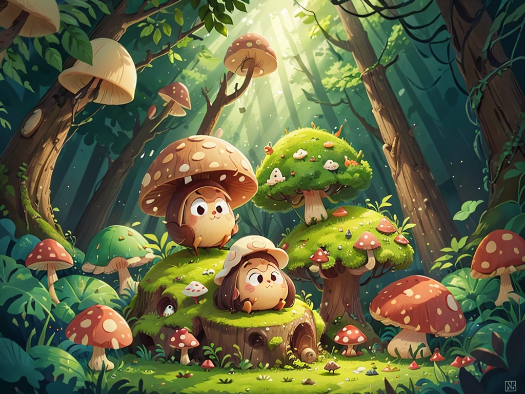 cartoon illustration,facial details,cute,indoor,Mushroom,forest,bushes,woods,