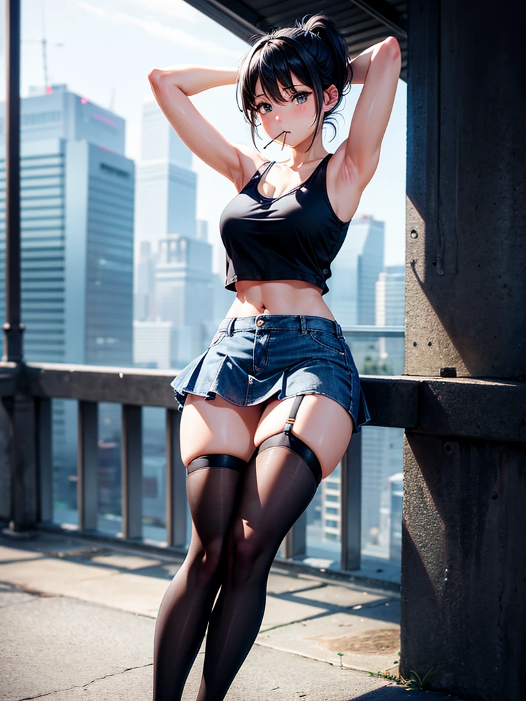 Highest Resolution,Highest quality,1Beautiful girl of the person,mini skirt,Knee-high stockings,Black hair ponytail,Tank top,Hold a hair tie in your mouth,Place your hands behind your head.,