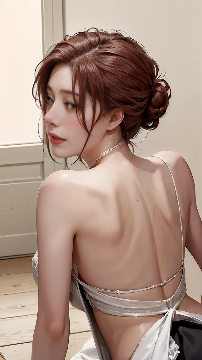 ((((masterpiece, best quality, high resolution)))), Extremely detailed 8K, Beautiful girl with voluptuous body, (crawling on the ground), (cleaning the floor), (seductive crawling on the floor), open legs, back view, (Realistic red hair), (wavy single hair bun), (embarrassed), (beautiful face), (smile), aroused expression, seductive look, lustful eyes, flushed cheeks, parted lips, blush, masterpiece, best quality, CG, HDR, illustration, wallpaper, absurdres, high-definition, extremely detailed, (maid dress:1.2), (thong panty), ((high heels)), (Ultra HD, Ultra-detailed, Highly detailed, Highly realistic, Ultra-realistic, photograph realistic)