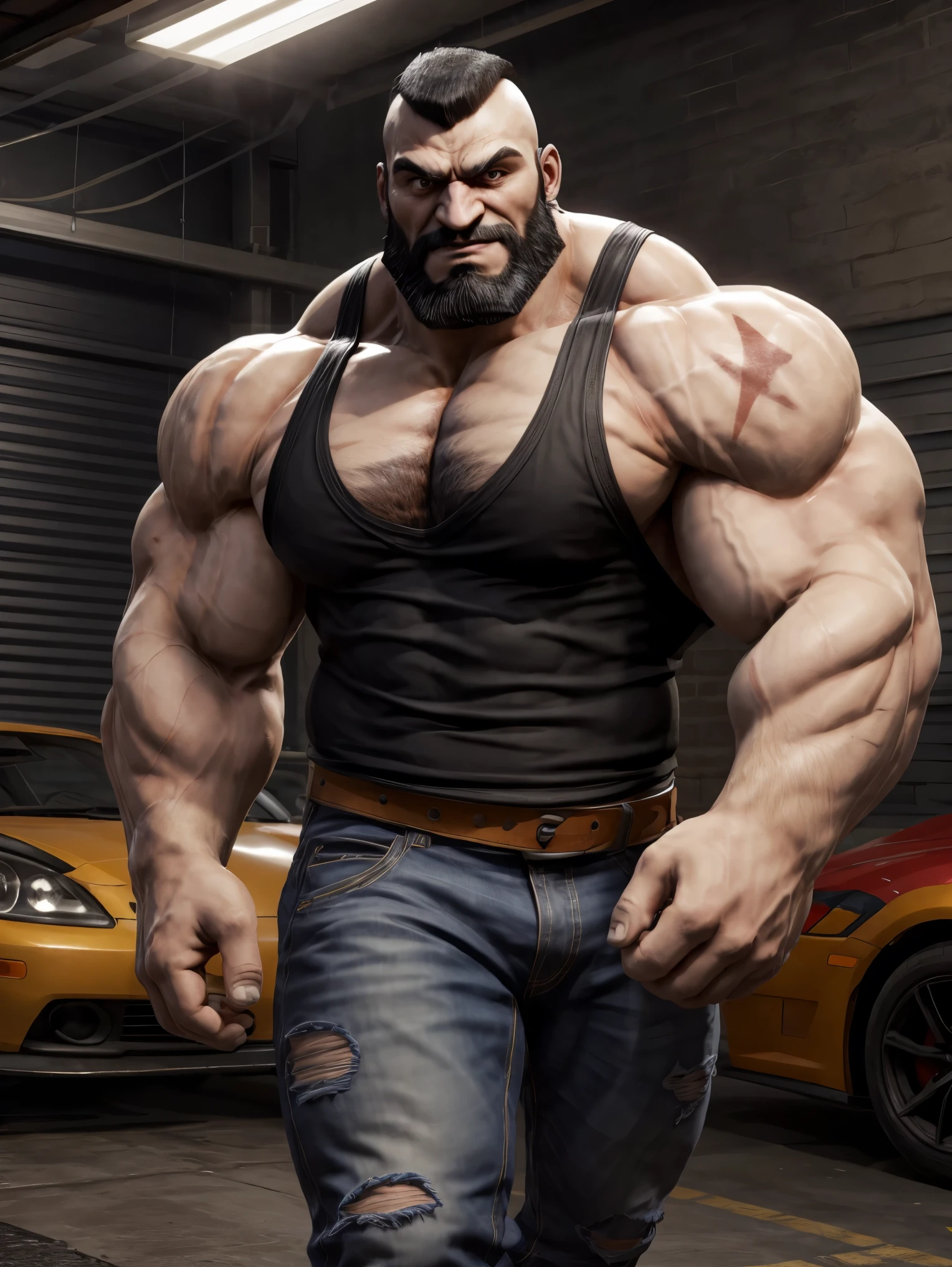 upper body, ultra realistic, unreal engine 5, anatomically correct, mature male, zangief, thick eyebrows, black mohawk, brown eyes, raised eyebrow, beard, muscular, bara, scar, tank top, jeans, smirk, garage, 