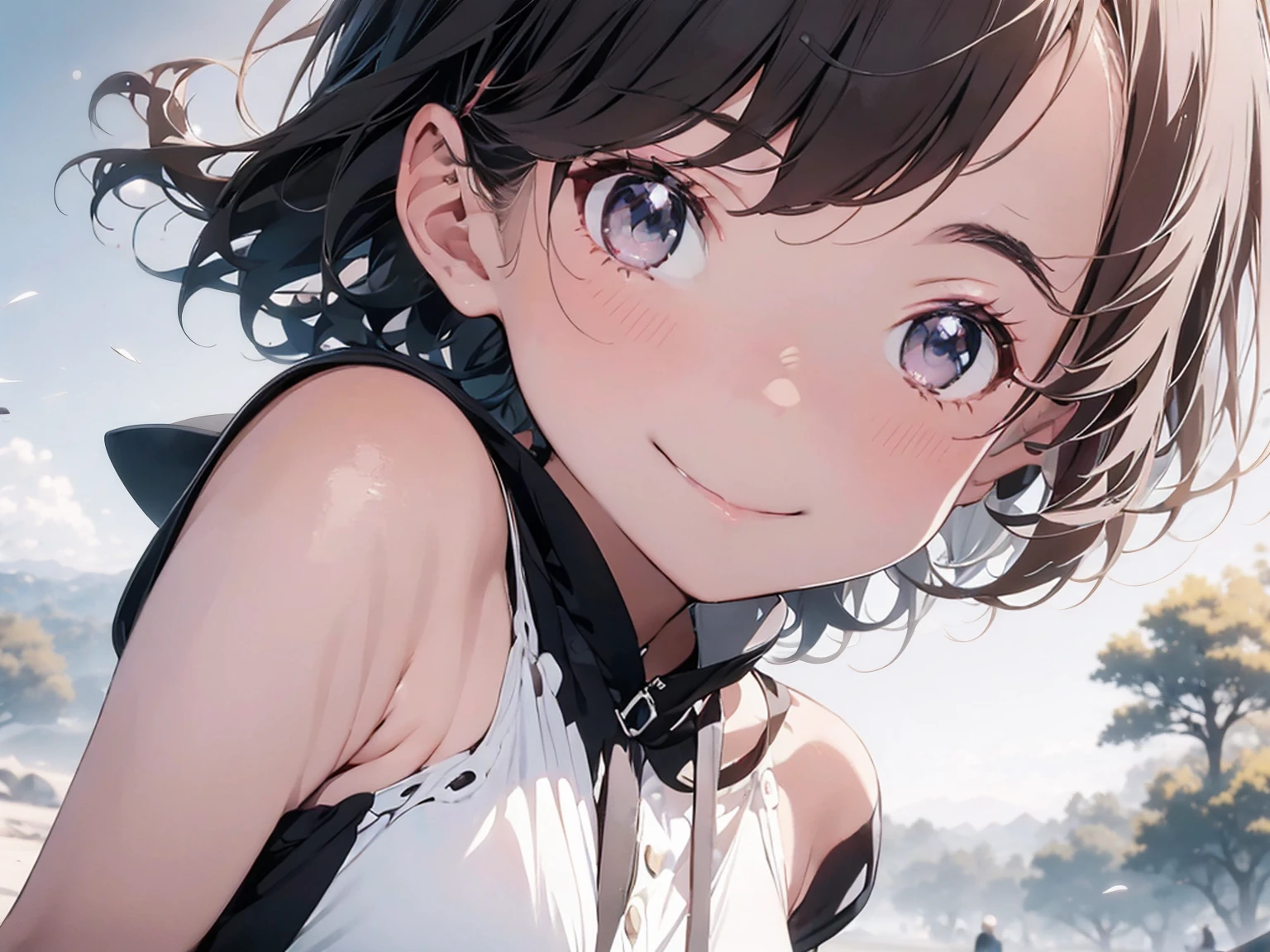 pale, black haired, japanese girl. She has a bob hairstyle. Her expression is cold, she has sharp and wide eyes, her face is close. Hair is loose. She slightly looks down on you
