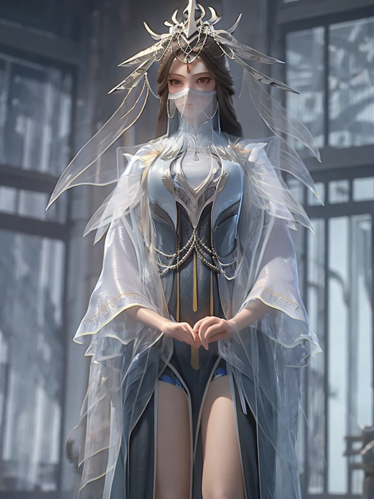 Cartoon woman standing on the starry sky like dominant and powerful enchantress or goddess, Water splashes at the knees，CG Social Trends, Smooth anime CG art, Starry sky background，Full body view，Royal sister standing posture，With a translucent veil
