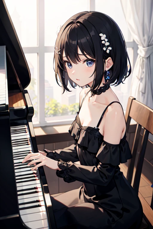 Black Hair、Iris、short hair、girl、、cute、、Small hair ornament、Black calm dress、Piano playing、pianist、A grand piano in front of you、Serious expression、The background is a concert hall