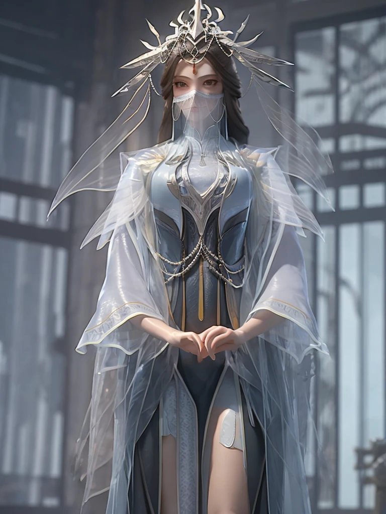 Cartoon woman standing on the starry sky like dominant and powerful enchantress or goddess, Water splashes at the knees，CG Social Trends, Smooth anime CG art, Starry sky background，Full body view，Royal sister standing posture，With a translucent veil
