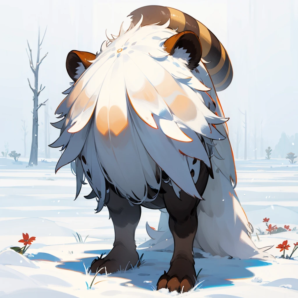 1character, Full body version, ankole watusi mixed with bear, blue eyes, Grassroots in snow, In the morning