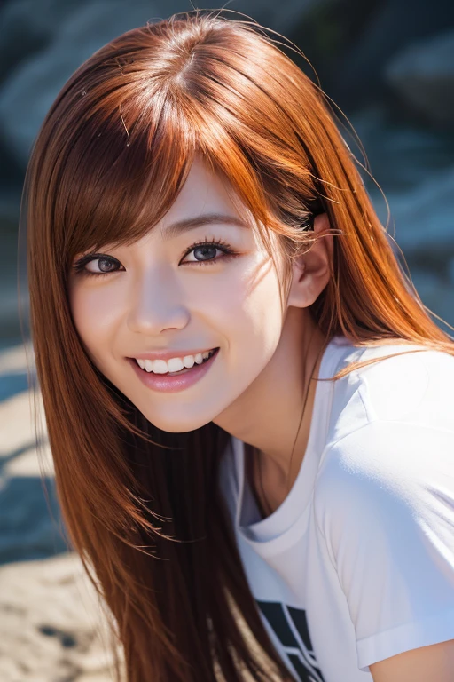 highest quality、8k、32K、Masseter muscle part、nffsw:1.3)、cute japanese girl、1 girl、long hair、profile、(crack your abs、slim body shape:1.2)、(lips) 、smiling showing teeth,(orange hair)、double eyelid、shiny skin、realistic rays of light、big、beautiful face、(laughter:1.3)、squat、(From above:1.2)、(Close-up:1.4)、coastal、white t-shirt、blurred background、(front focus)、(dark: 1.6)、fantasy art、photo realistic、professional lighting、highly detailed face、award-winning、deep shadow、((Ultra-realistic raw photos)),fine eyes,Eyes like the real thing,fine hair,