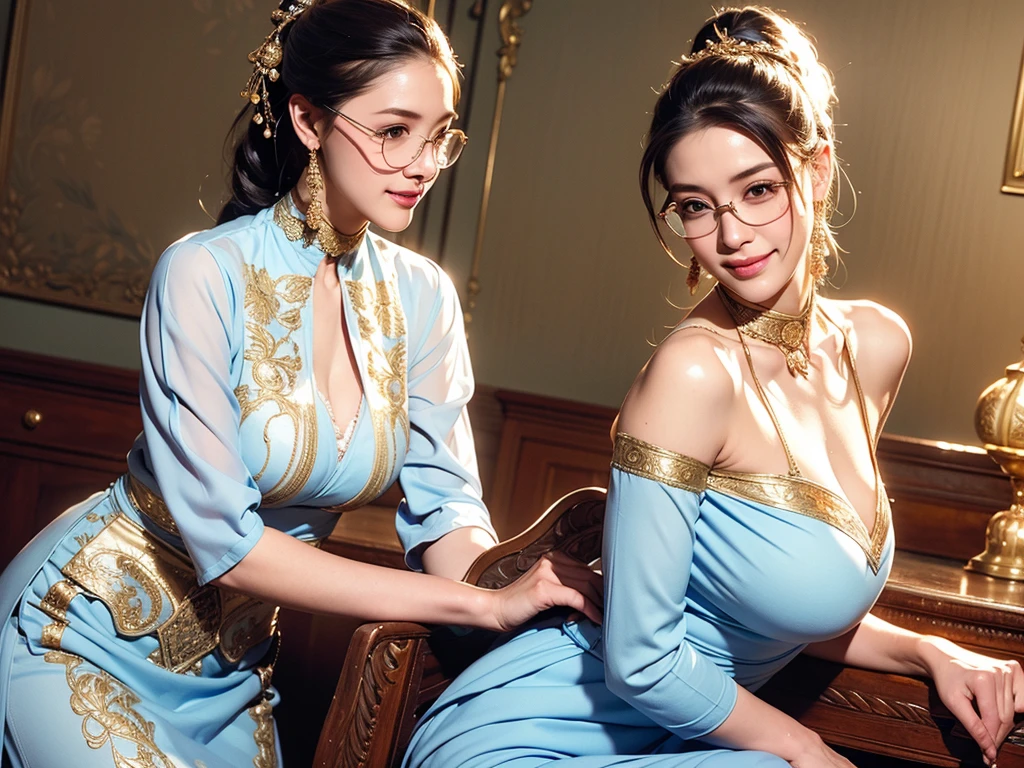 (8k, best quality, masterpiece, looks all detailed), highly detailed, detailed face, masterpiece, realistic lighting, masterpiece, best quality, masterpiece, official artwork, highly detailed 8k unity CG wallpaper, Indonesian age girl of Javanese descent, long black hair tied with white long ponytail patterned ribbon, graceful and beautiful, full of charm, smiling sweetly and happily, wearing glasses, wearing an empire waist shift dress long skirt with light blue pleats with gold embroidery, big breasts, wearing white high heel shoes, slender and tall body, stylish facing forward, room background.