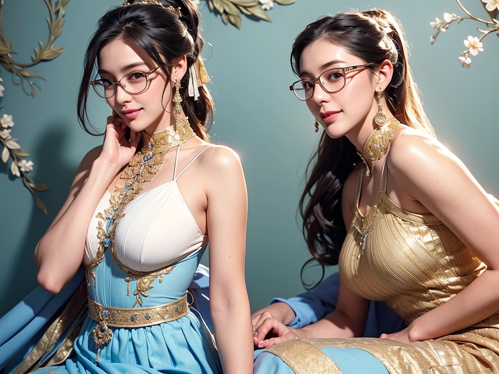(8k, best quality, masterpiece, looks all detailed), highly detailed, detailed face, masterpiece, realistic lighting, masterpiece, best quality, masterpiece, official artwork, highly detailed 8k unity CG wallpaper, Indonesian age girl of Javanese descent, long black hair tied with white long ponytail patterned ribbon, graceful and beautiful, full of charm, smiling sweetly and happily, wearing glasses, wearing an empire waist shift dress long skirt with light blue pleats with gold embroidery, big breasts, wearing white high heel shoes, slender and tall body, stylish facing forward, room background.
