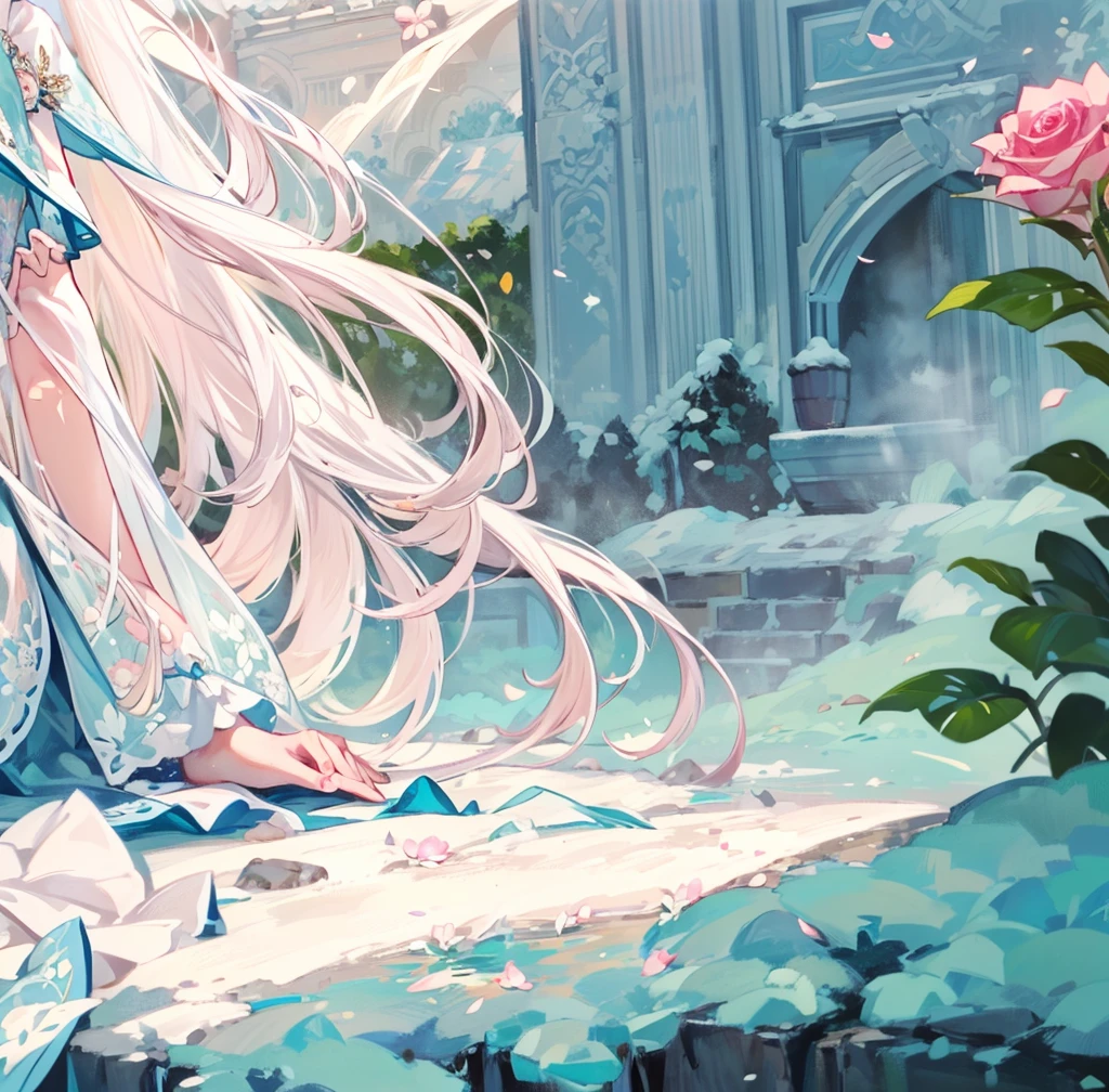 ((best quality,masterpiece,Extremely complex and exquisite details)),White long straight hair,(correct anatomy,Holding hands on the ground),(Exquisite light blue and white clothing,Beautiful bright and exquisite snow white ancient style high transparent architectural background),(Rose,Snow,Falling Flowers,Majestic and elegant outdoors)