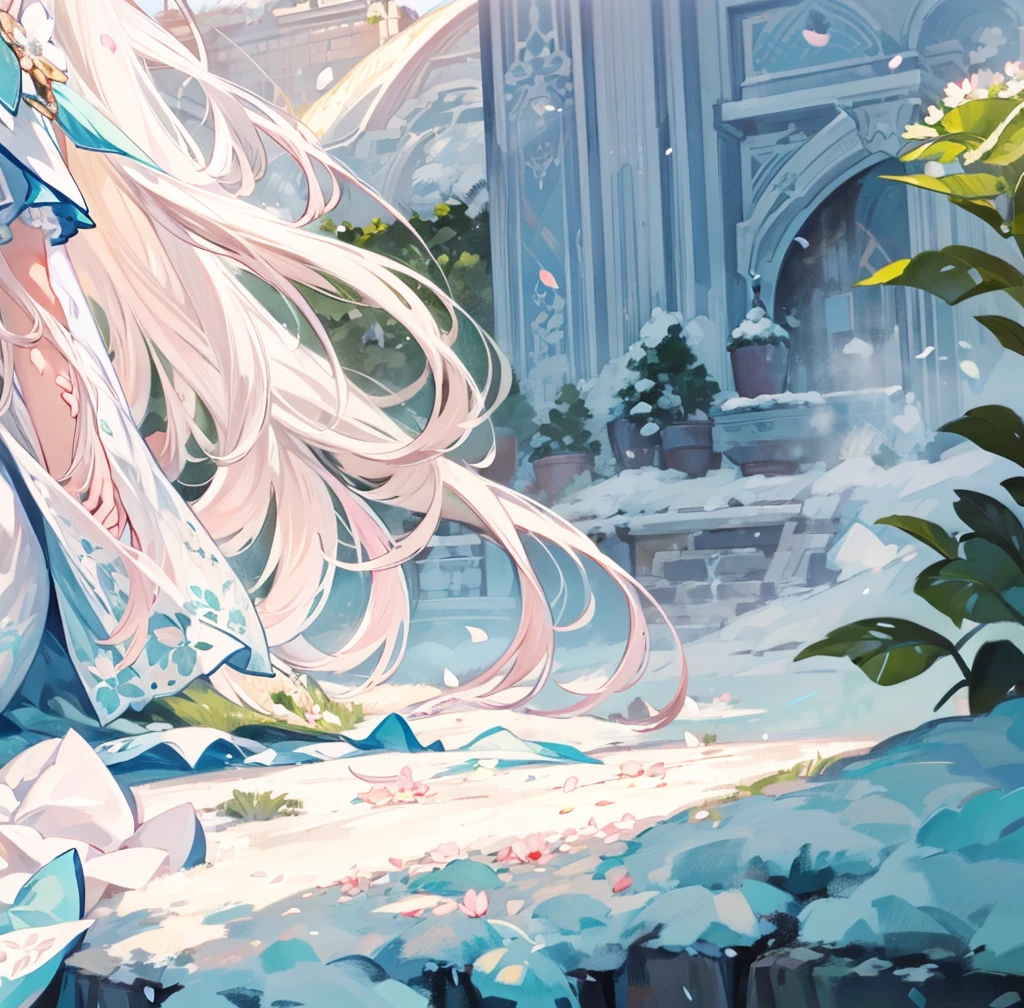 ((best quality，masterpiece，Extremely complex and exquisite details))，White long straight hair，(correct anatomy，Holding hands on the ground)，(Exquisite light blue and white clothing，Beautiful bright and exquisite snow white ancient style high transparent architectural background)，(Rose，Snow，Falling Flowers，Majestic and elegant outdoors)