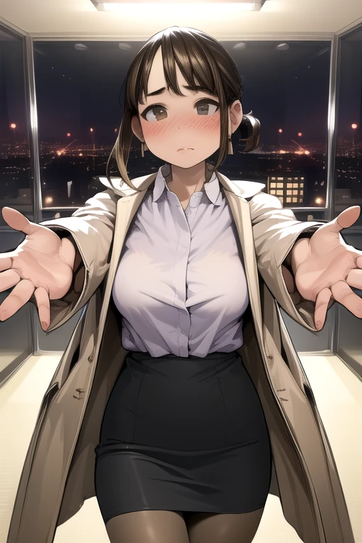 Very detailed, high quality:1.5, masterpiece, beautiful, Film Portrait,((douki-chan)),Short Ponytail,office lady,White shirt,High Waist Skirt,Pencil Skirt,Beige long coat,pantyhose,jewelry,Earrings,Tilt your head,Hugs are coming, The hug is coming, Open your hands,Empty station platform,night,Blushing cheeks,Lovely,Station lighting,