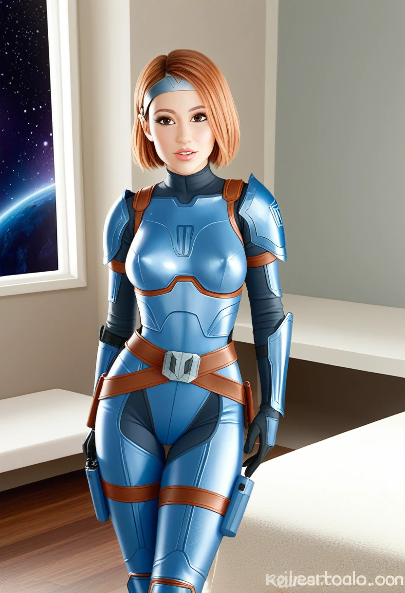 score_9_up, score_8_up, score_7_up, 1girl, solo, mature female, ((Bo Katan)), orange bob hair, brown eyes, pink lips, parted lips, fit slim body, (((blue and white Mandalorian armor suit))), (((white Starship room, space in the porthole, white furniture, highly detailed interior))), perfect model body, standing