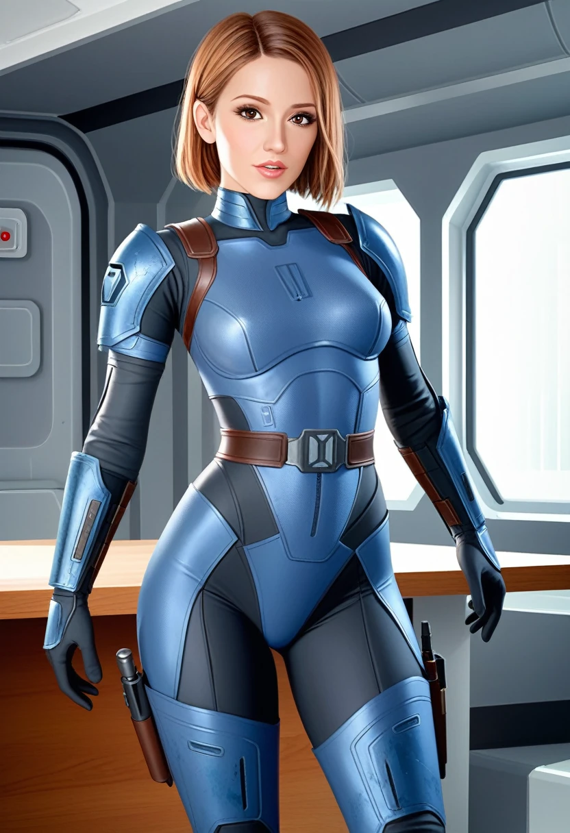 score_9_up, score_8_up, score_7_up, 1girl, solo, mature female, ((Bo Katan)), orange bob hair, brown eyes, pink lips, parted lips, fit slim body, (((blue and white Mandalorian armor suit))), (((white Starship room, space in the porthole, white furniture, highly detailed interior))), perfect model body, standing