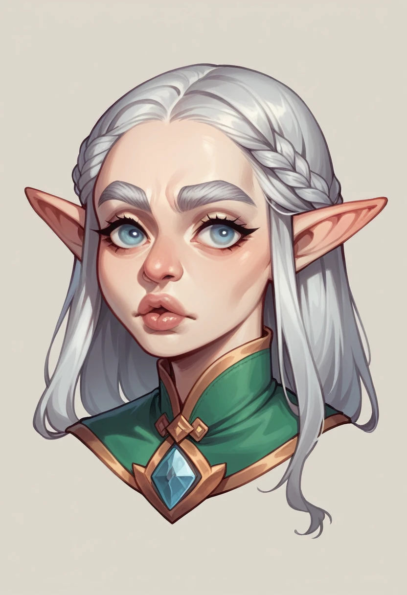 Female, Elf, 32 years old, Ectomorph, Light skin, Silver hair, Long, Simple hairstyle, Diamond face, Upturned eyes, Full lips, Broad eyebrows, Curved brows, Large nose, Aquiline nose, Medieval fantasy adventurer's clothing