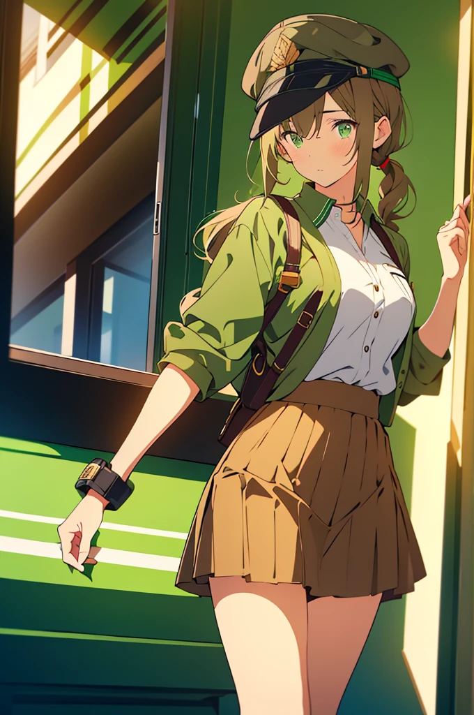 Brown hair woman, high ranking official clothes, wearing a cap, long hair, ponytail style, tight skirt, green eyes
