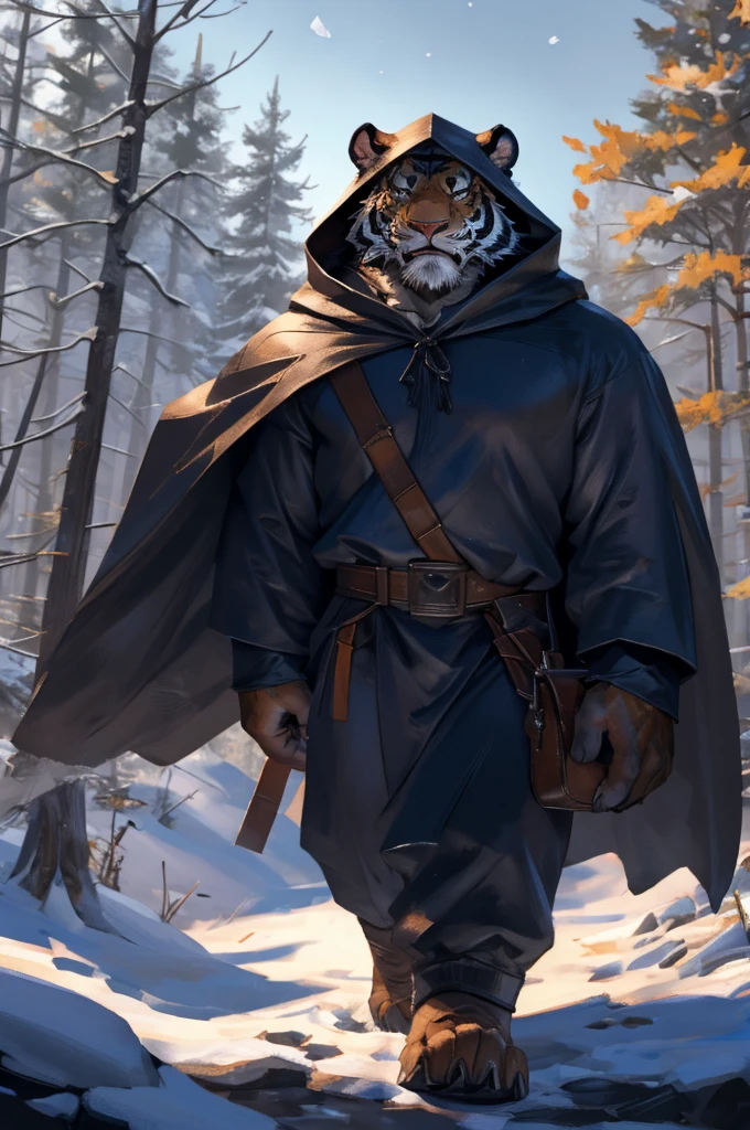 By Taran fiddler, solo, male, orange tiger man, dressed in a cloak and satchel, muscular, older male, wearing hood, cloak hiding face, eyes hidden by cloak hood, beard, walking towards viewer, smaller silhouette behind the tiger, forest background, snowy, establishing camera shot, character is far in the background, zoomed out, dynamic angles, dynamic posing.