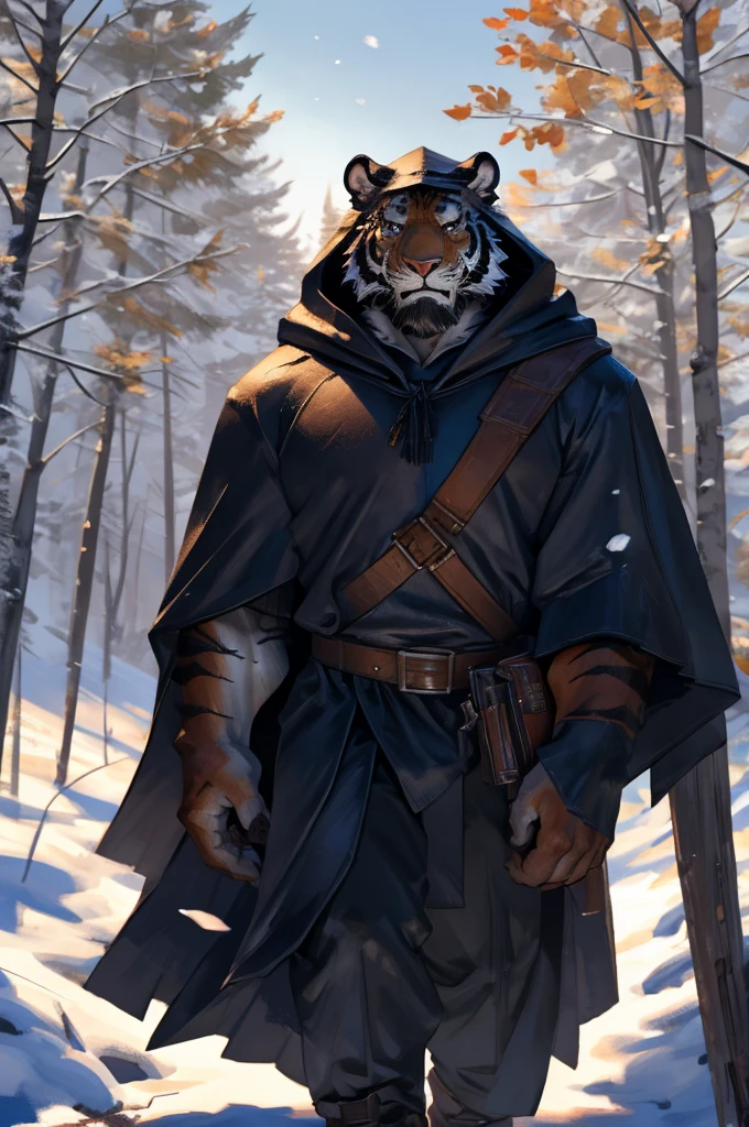 By Taran fiddler, solo, male, orange tiger man, dressed in a cloak and satchel, muscular, older male, wearing hood, cloak hiding face, eyes hidden by cloak hood, beard, walking towards viewer, smaller silhouette behind the tiger, forest background, snowy, establishing camera shot, character is far in the background, zoomed out, dynamic angles, dynamic posing.