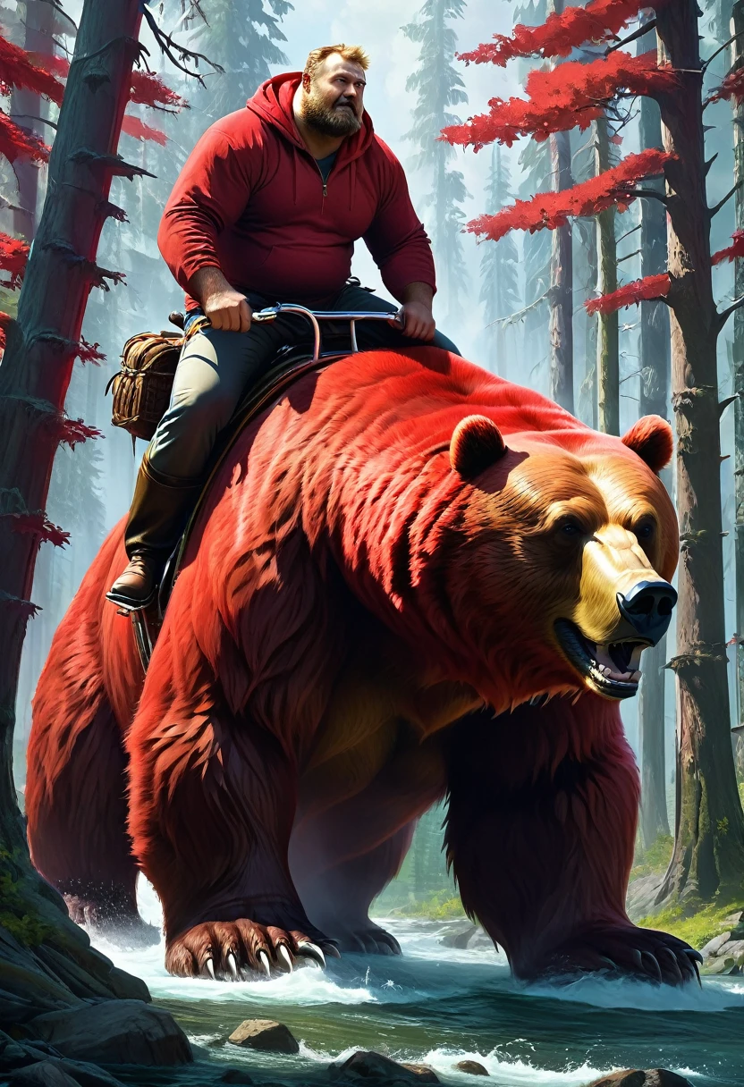 A big giant red bear, and imposing and a man rides on the great bear 