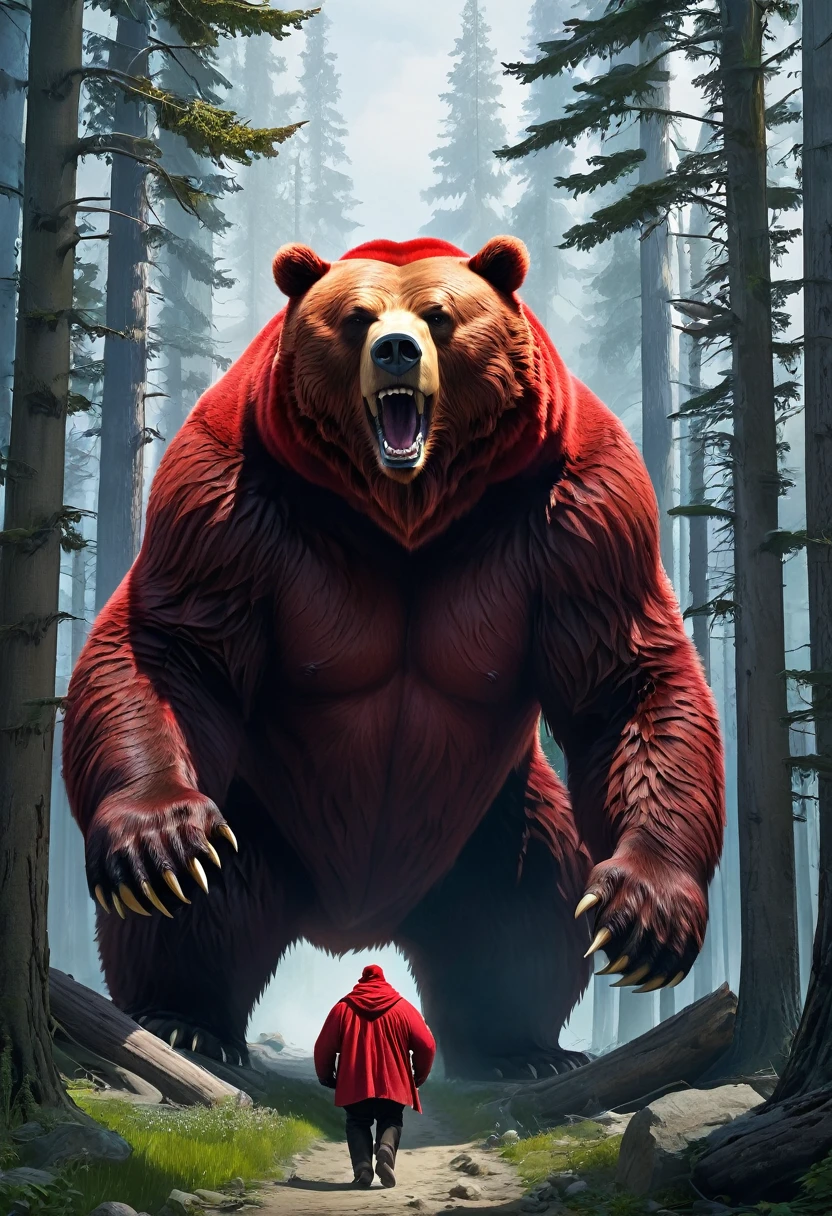 A big giant red bear, and imposing and a man rides on the great bear