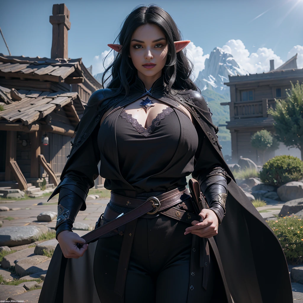((Best quality)), ((masterpiece)), (detailed: 1.4), 3D, (half-elf sorceress), (black hair, purple eyes:1.5, pale brown skin), (black robe, purple sleeves, grey pants, black boots and black armbands), (huge tits, big booty, short, curvy), (heavy gothic makeup), HDR (High Dynamic Range),Ray Tracing,NVIDIA RTX,Super-Resolution,Unreal 5,Subsurface dispersion, PBR texture, Post-processing, Anisotropic filtering, Depth of field, Maximum clarity and sharpness, Multilayer textures, Albedo and specular maps, Surface shading, Accurate simulation of light-material interaction, Perfect proportions, Octane Render, Two-tone lighting,Wide aperture,Low ISO,White balance,Rule of thirds,8K RAW,