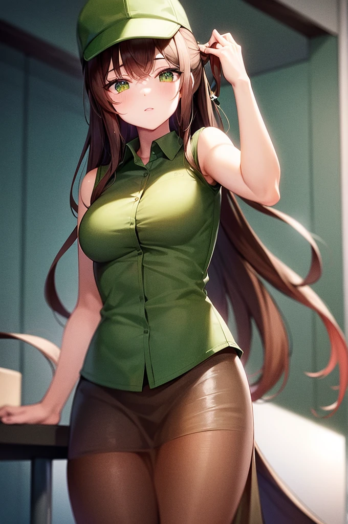 Brown hair woman, high ranking official clothes, wearing a cap, long hair, ponytail style, tight skirt, green eyes