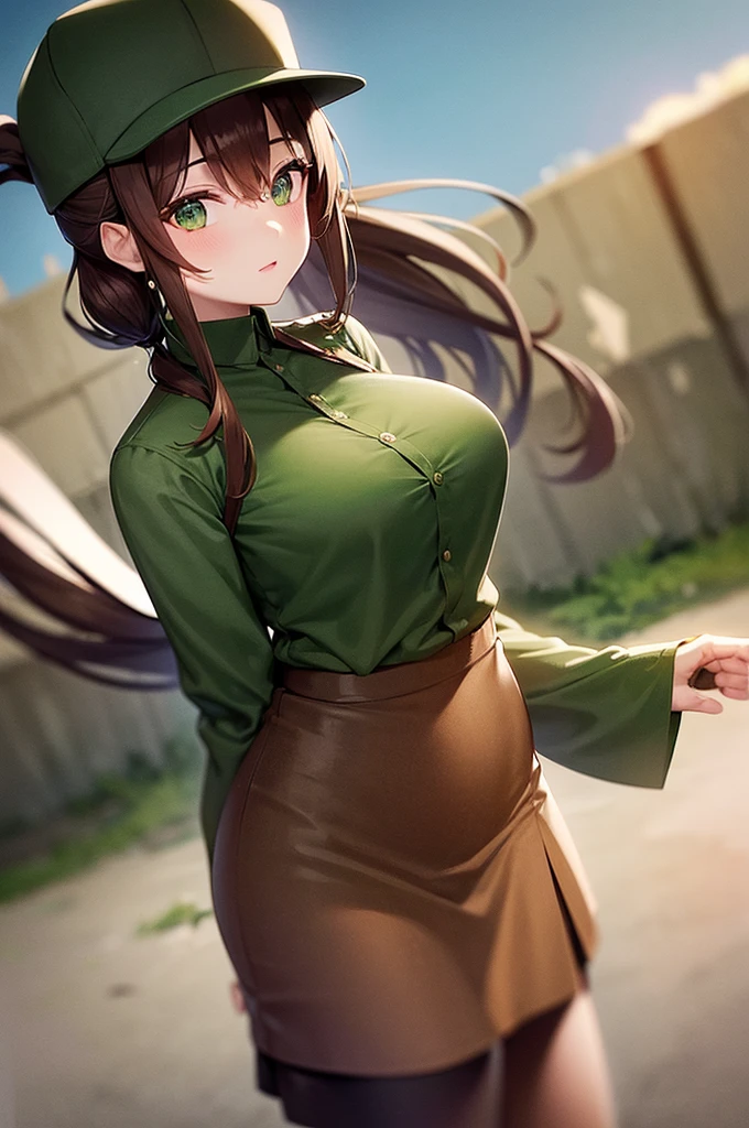 anime girl, ideal beautiful Hispanic woman's body, 24 years old, Wavy hair, seductive hips, big ass, seductive smile, seductive eyes, seductive expression, perky breasts, hands on hips, sleeveless turtleneck and pleated skirt comforting the viewer , green eyes, in an apartment