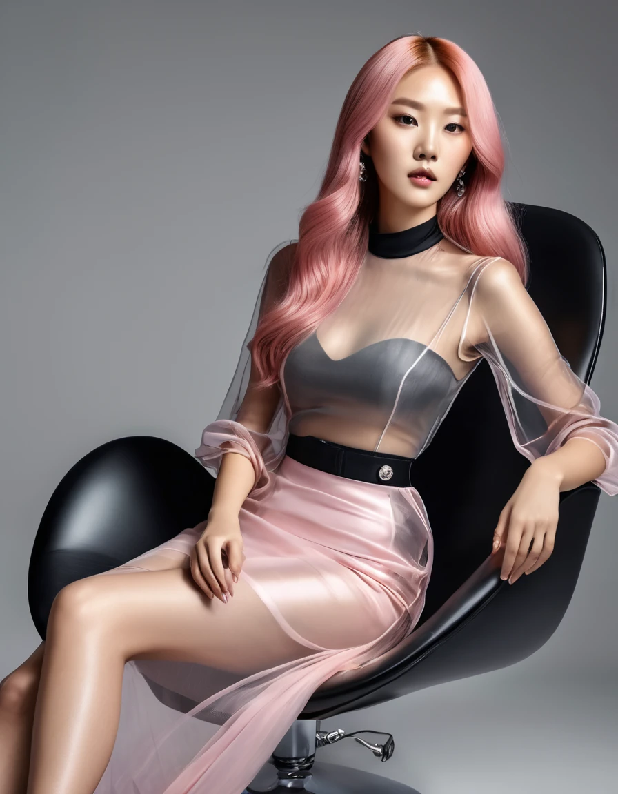 Sitting in a chair in a black dress,with black heels, a Korean female fashion model with long pink hair, Transparent stylish long skirt, mesh shirt,Chrome clothes,Shiny silver, Fortunately for my appearance, Bigchest,best qualtiy, masterpiece, Ultra-high resolution, realistic lying,