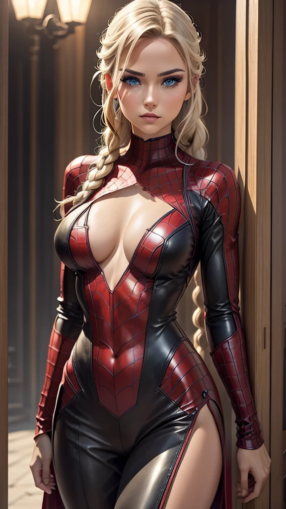 a young woman,sexy,detailed,beautiful blue eyes,stunning blonde hair,braided hair, red highlights, seductive spider man leather outfit, full body focus,photorealistic,masterpiece,8k,ultra-detailed,hyperrealistic,chiaroscuro lighting,cinematic,dramatic lighting,warm color palette,captivating gaze