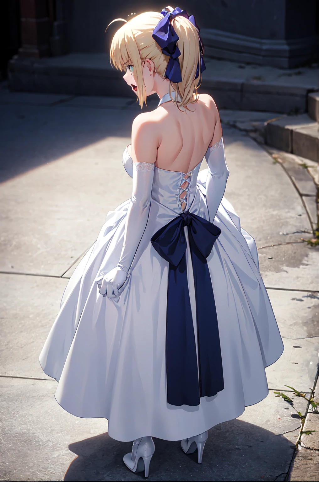 best quality, masterpiece,phSaber, phAltoria, 1girl, solo, gloves, elbow gloves, high heels, white dress, white gloves, open mouth, bow, official alternate costume, hair bow, breasts, backless dress, backless outfit, ponytail, strapless dress, bare shoulders, white footwear, standing,garter belt, blue bow, bangs, wedding dress, sideboob, short hair, long dress