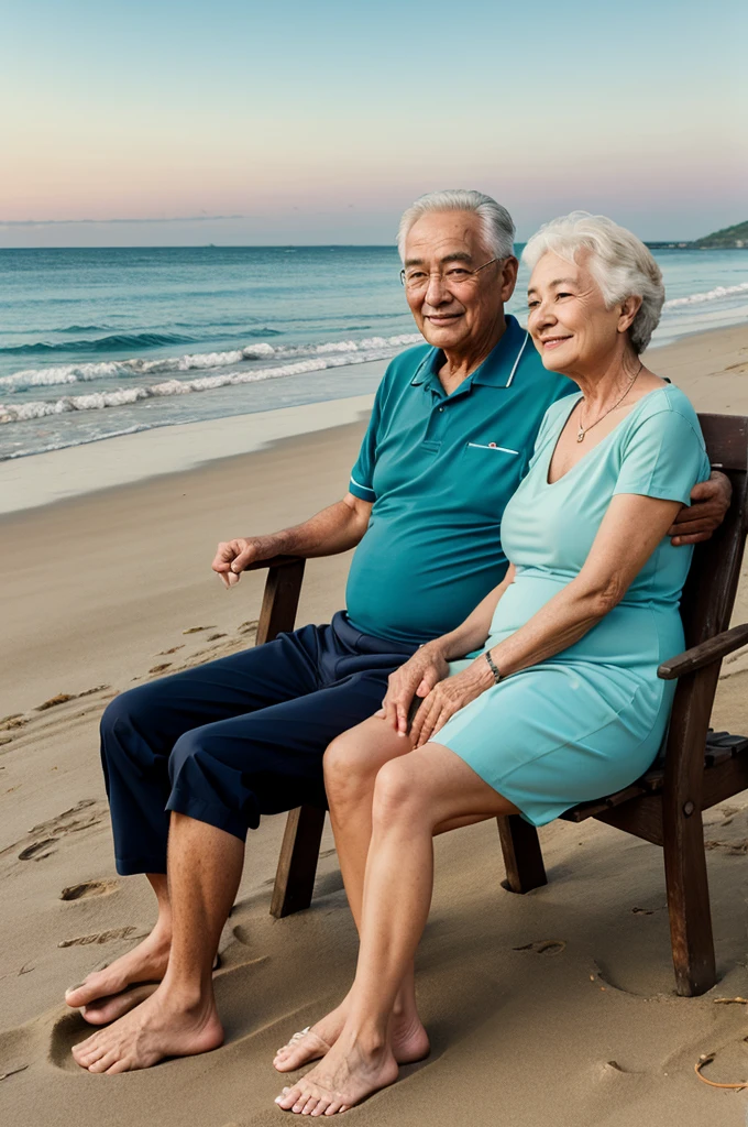 Old couple sitting beside sea beach
