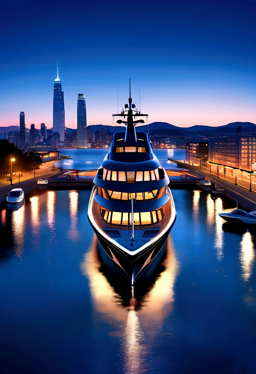 Creating award-winning images of vibrant, futuristic luxury yachts, Busy harbor during blue hour. City lights reflected on the water, Combine with long exposure photography, You should capture Michael Kenna&#39;s style..