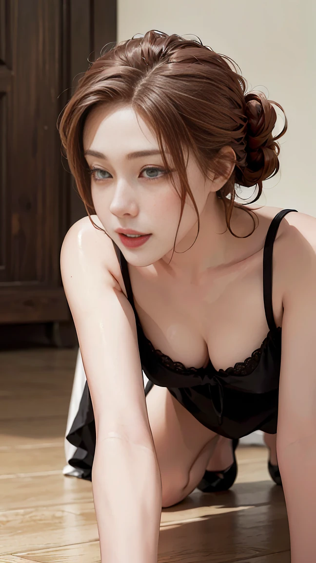((((masterpiece, best quality, high resolution)))), Extremely detailed 8K, Beautiful girl with voluptuous body, (crawling on the ground), (cleaning the floor), (seductive crawling on the floor), open legs, (Realistic red hair), (wavy single hair bun), (embarrassed), (beautiful face), (smile), blush, masterpiece, best quality, CG, HDR, illustration, wallpaper, absurdres, high-definition, extremely detailed, (maid dress:1.2), (thong panty), ((high heels)), (Ultra HD, Ultra-detailed, Highly detailed, Highly realistic, Ultra-realistic, photograph realistic)