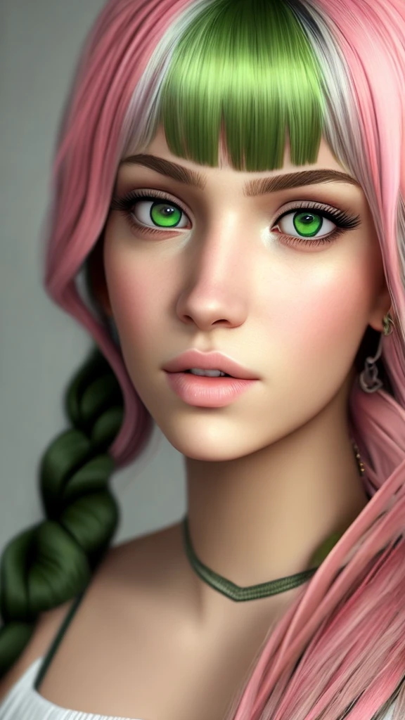 portrait, photorealistic, realistic, girl, beautiful green eyes, clear skin, soft makeup, long streaked green/pink hair, ponytail, braids, bangs, realistic soft skin, tight body.