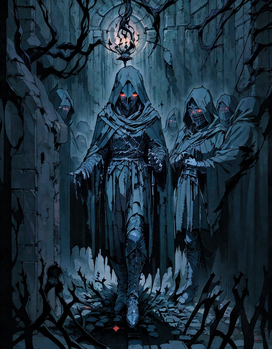 a group of people in robes standing in a dark room, dark robes, wearing dark robes, black robes, dark, nazgul, dark cinematic concept art, greek dark ritual myth, robed figures sat around a table, kramskoi 4 k, unholy gathering, photorealistic dark concept art, occult robes, medieval dark fantasy, dark robed, dark entities